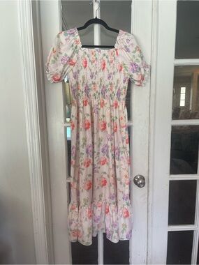 SHEIN Cream Floral Smocked Puff-Sleeve Midi Dress - Pink & Purple
